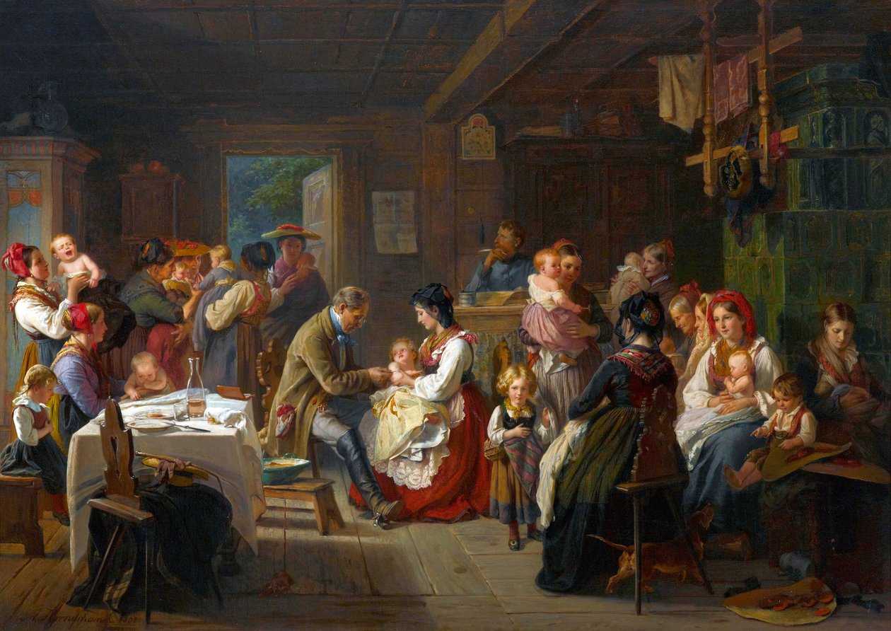 Vaksinasjon contre la variole a la campagne - En vaksinasjon mot kopper på landsbygda - Friedrich Adolph Hornemann (1813-1890). Olje på lerret av Friedrich Adolph Hornemann