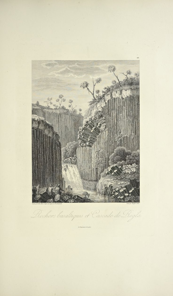 Basalt Rocks and the Cascade de Regla, tegnet av Gmelin, gravert av Bouquet, illustrasjon fra 'Views of the Cordilleras and Monuments of the Native Peoples of America' av Alexander von Humboldt og Aime Bonpland av Friedrich Alexander Baron von (after) Humboldt