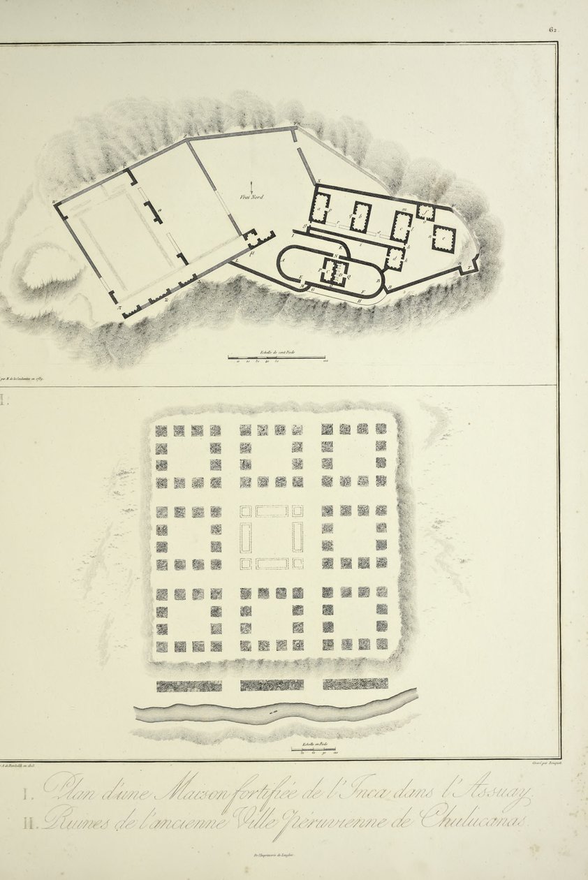 Plan for en befestet inkabolig i Assuay; og ruinene av den gamle peruanske byen Chulucanas, gravert av Bouquet, illustrasjon fra 