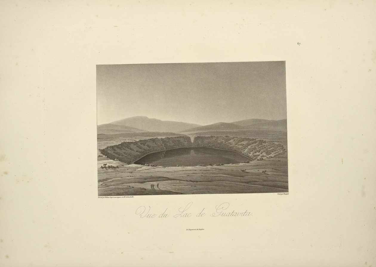 Utsikt over Lake of Guatavita, tegnet av Thibaut, gravert av Bouquet, illustrasjon fra 'Views of the Cordilleras and Monuments of the Indigenous Peoples of America' av Alexander von Humboldt og Aime Bonpland av Friedrich Alexander Baron von (after) Humboldt