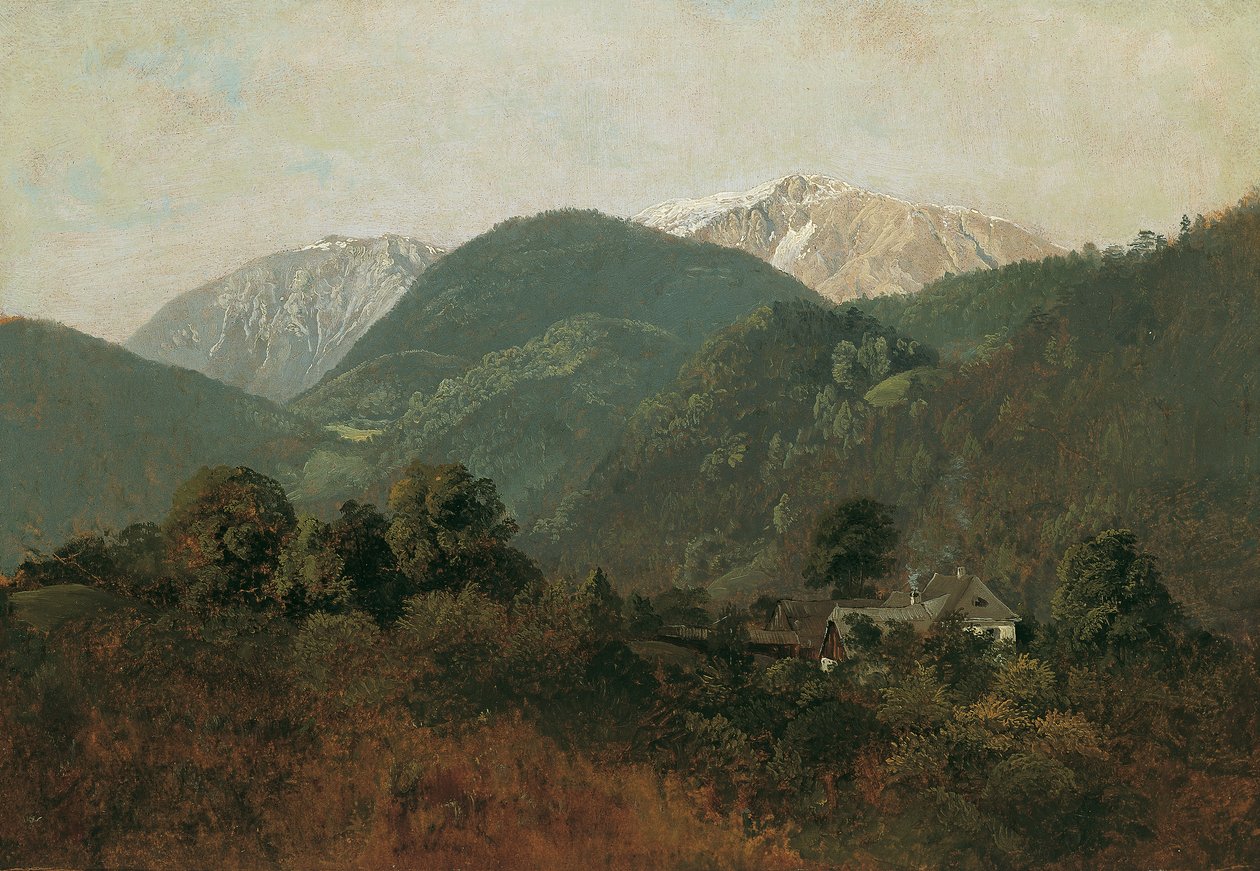 Utsikt fra Scheuchenstein til Gauermannhof med Schneeberg i bakgrunnen av Friedrich August Mathias Gauermann
