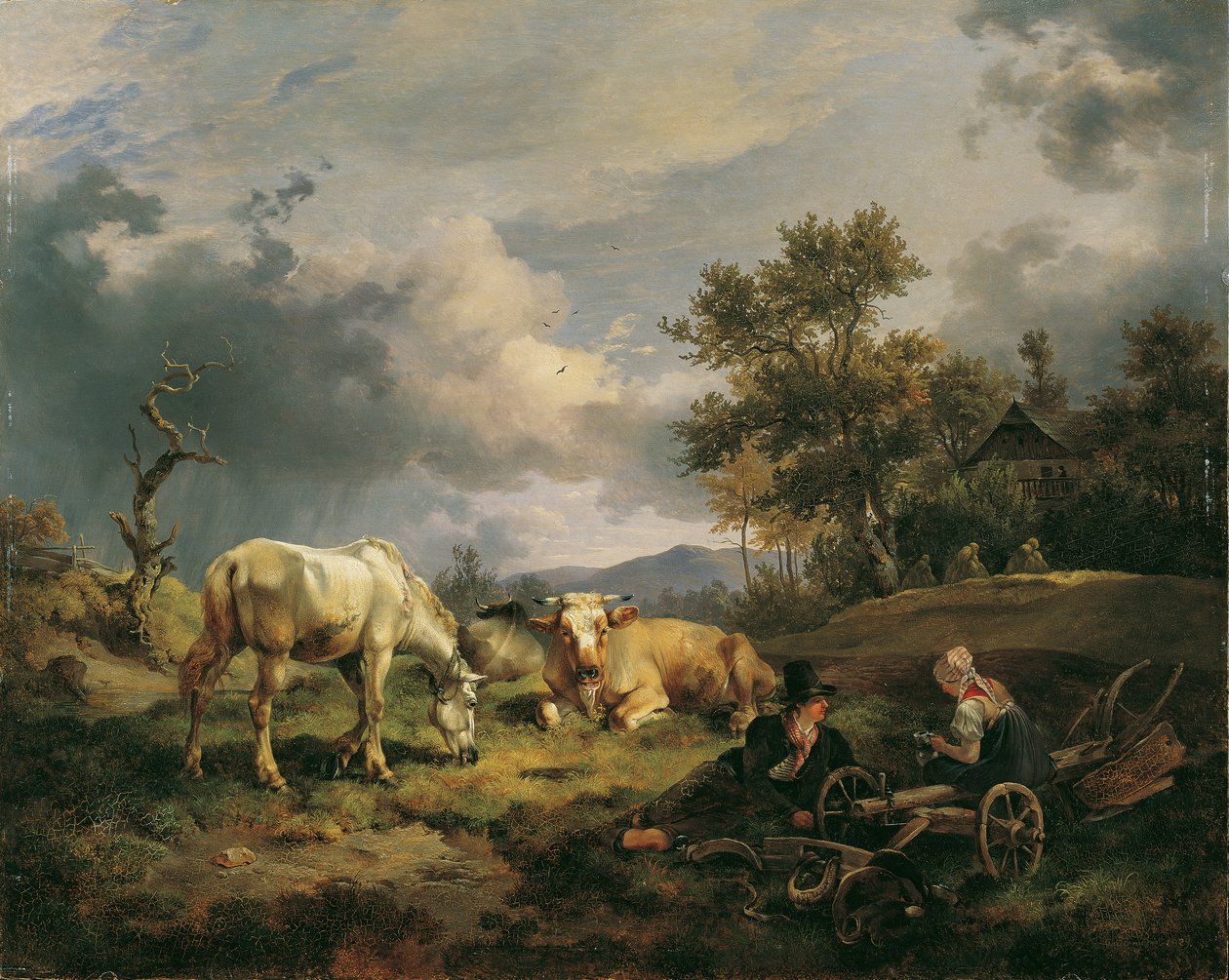 Ungt bondepar hviler i feltet av Friedrich August Mathias Gauermann