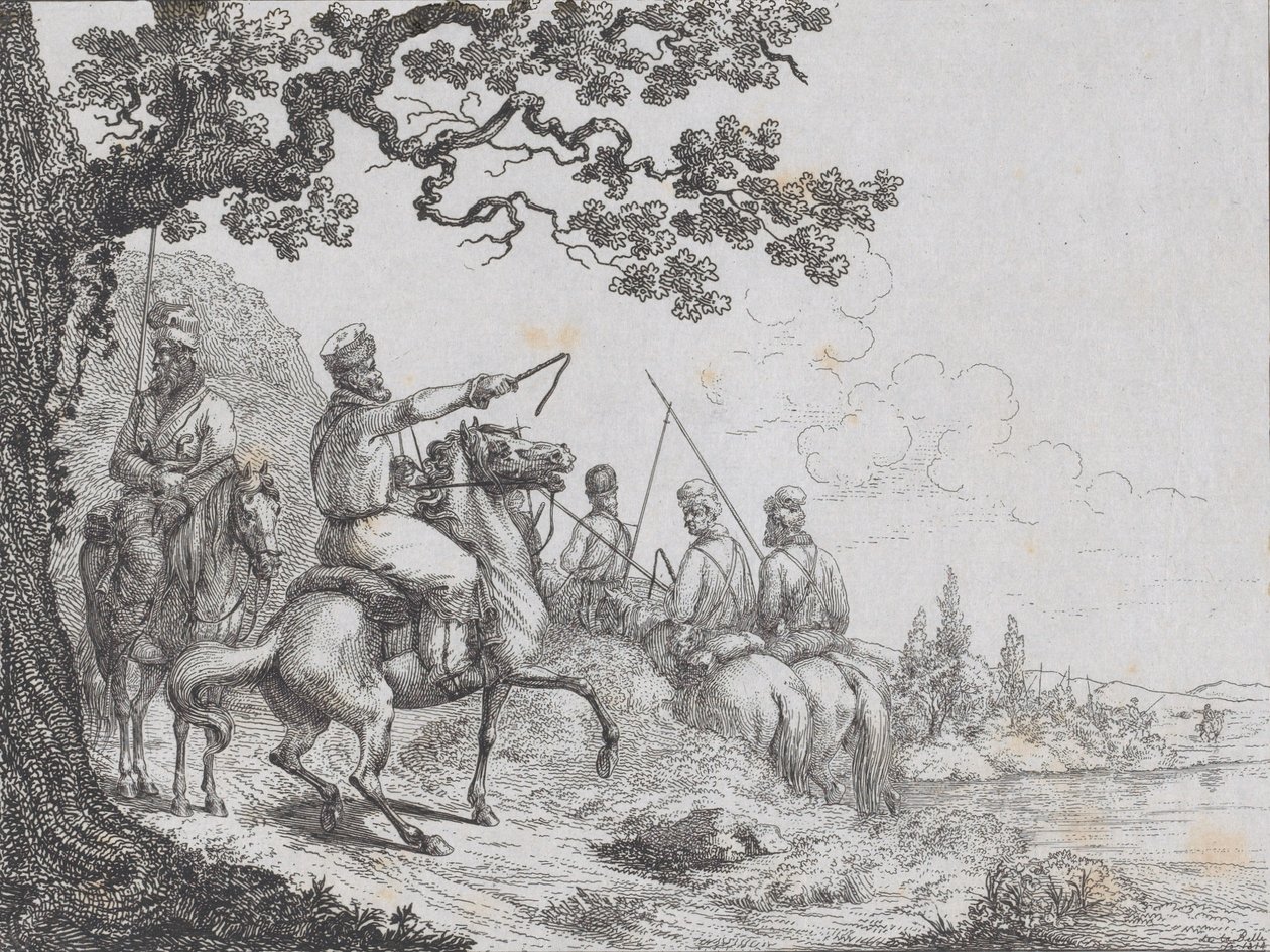 Kosakker som rir langs en elvebredd, 1814. av Friedrich August de La Belle