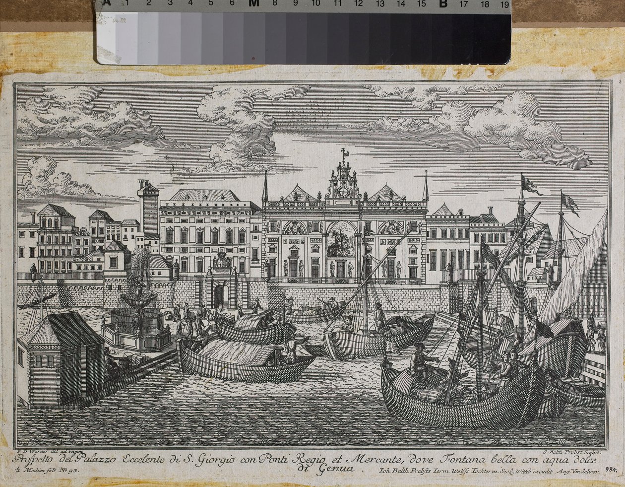Plan over Genova som viser kongebroen, den nye broen i Mercanzia og St. George-palasset sett fra havet, ca. 1750 (gravering) av Friedrich Bernhard Werner