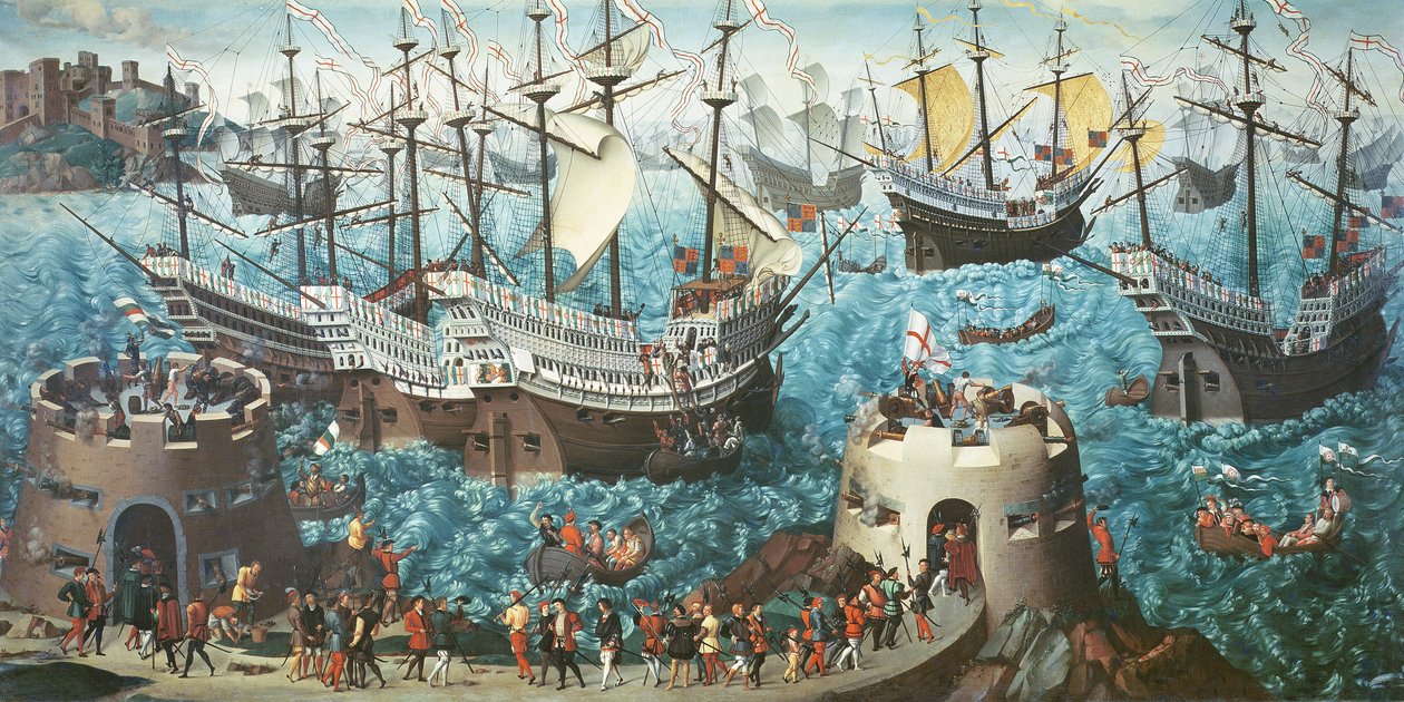 Ombordstigning av Henry VIII (1491-1547) om bord på Henry Grace a Dieu i 1520, kopiert fra et maleri av Vincent Volpi av Friedrich Bouterwek