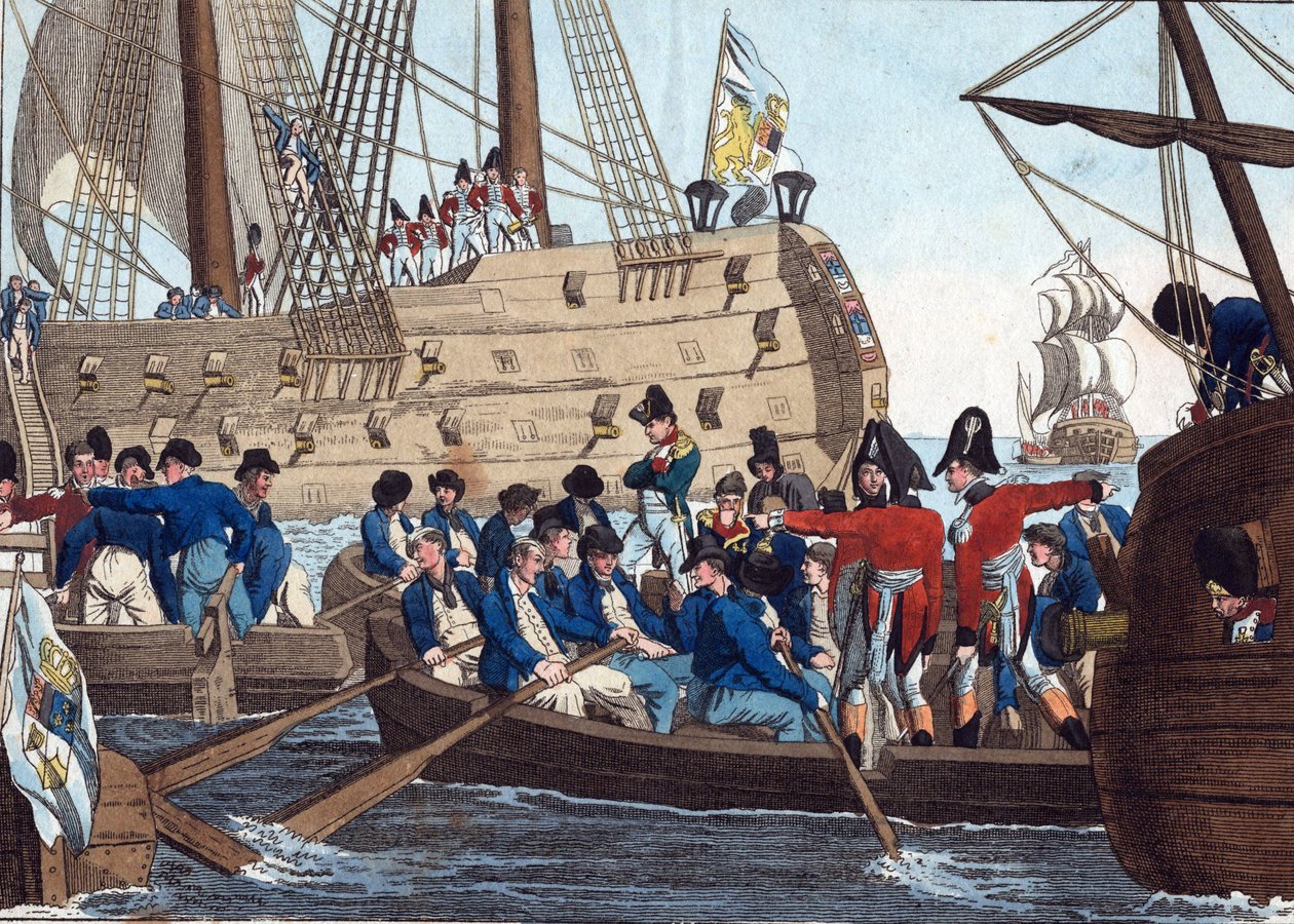 Napoleon Bonaparte som fange av engelskmennene blir brakt fra Bellerophon til Northumberland 8. august 1815 - Campe, August Friedrich Andreas (1777-1846) - Etsning, akvarell - 21,6x26,8 - Privat samling av Friedrich Campe