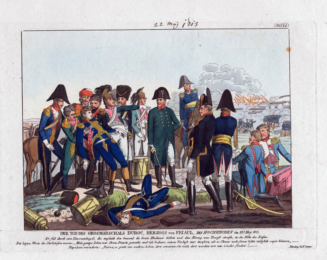 Marshal Durocs død i Hochkirchen 22. mai 1813 (bataille de Bautzen ou Wurschen) - Campe, August Friedrich Andreas (1777-1846) - Etsning, akvarell - 24x28,5 - Privat samling av Friedrich Campe