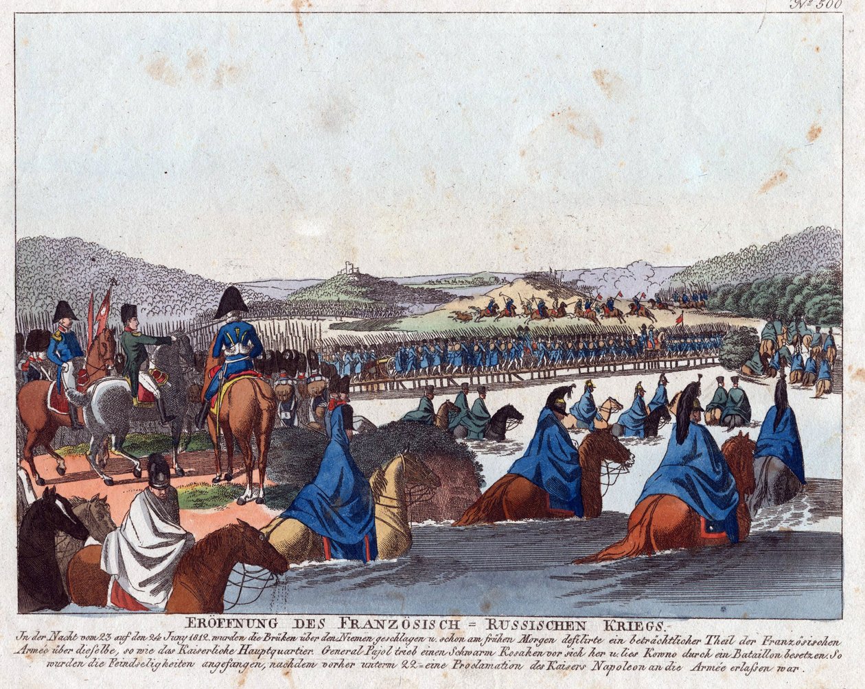Starten på den franske invasjonen av Russland - Campe, August Friedrich Andreas (1777-1846) - Etsning, akvarell - 20,5x26,2 - Privat samling av Friedrich Campe