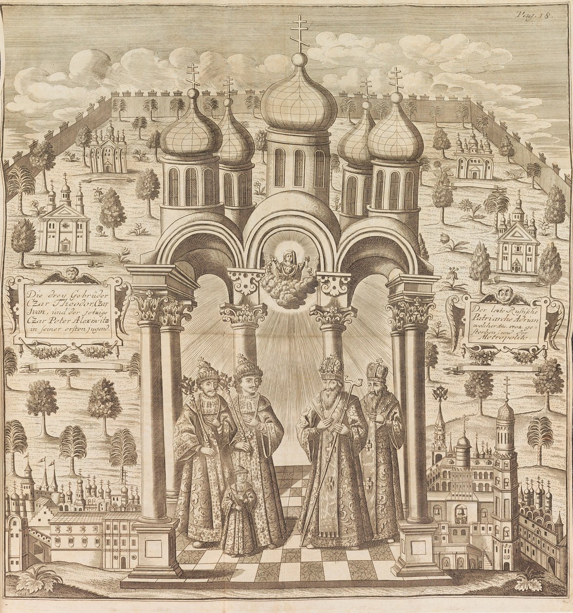 Feodor III, Peter I, Ivan V og patriark Adrian I. Fra Das veraenderte Russland..., 1721. av Friedrich Christian Weber