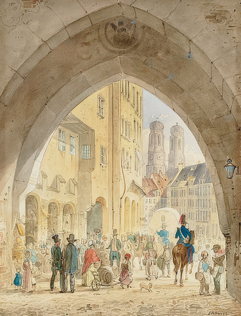 München - Utsikt fra det gamle rådhuset til tårnene i Frauenkirche. 1849 av Friedrich Eibner