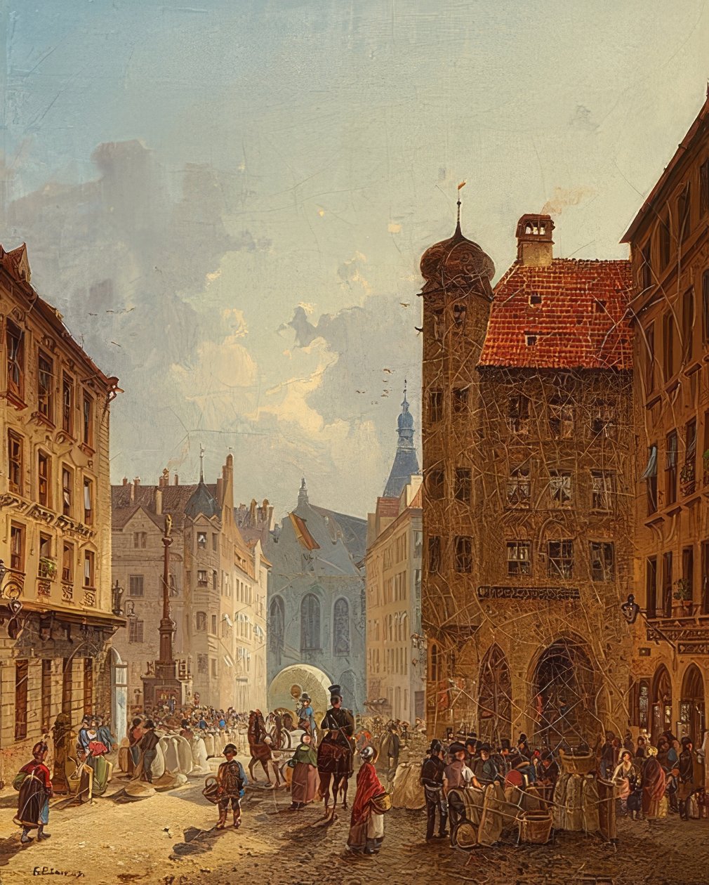München - Utsikt fra Kaufingerstrasse til det gamle rådhuset. 1849 av Friedrich Eibner