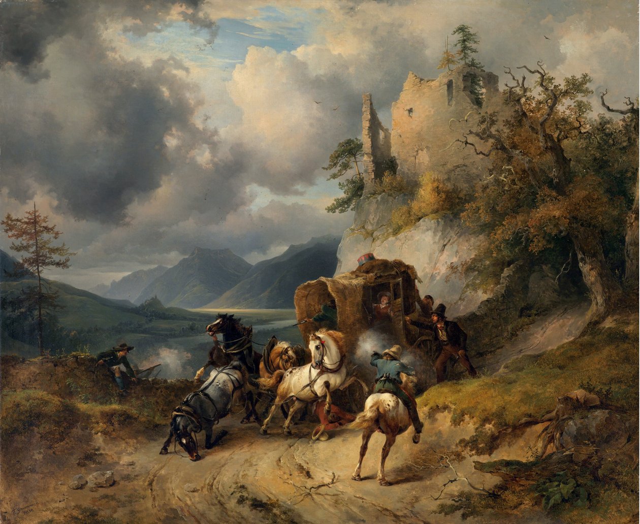 Røveriet av Gauermann, Friedrich August Matthias (1807-1862). Olje på lerret, størrelse: 60,5x74 av Friedrich Gauermann