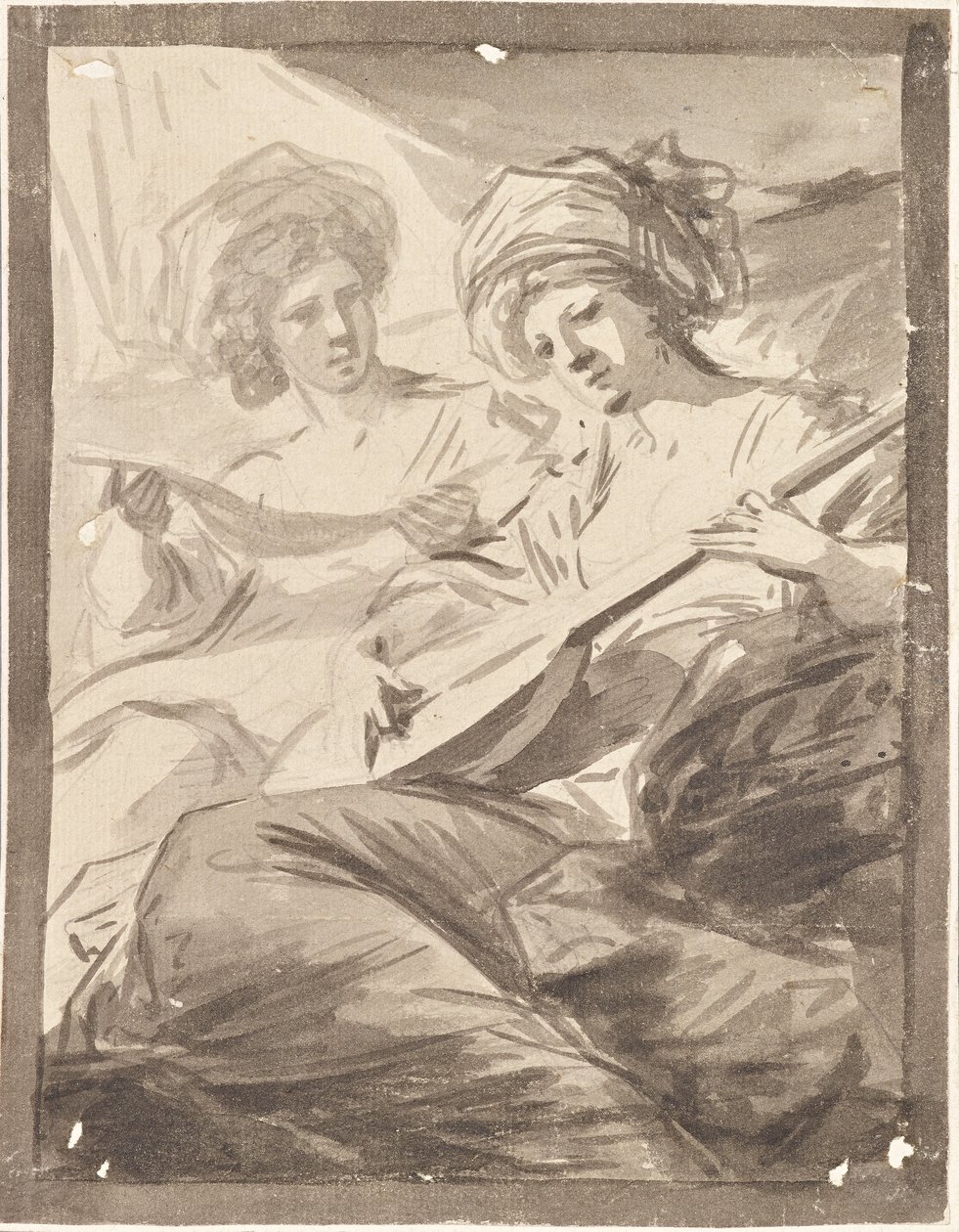 To kvinner med mandolin (studie for dobbeltportrettet av søstrene Victoire og Sophie von Fries?) av Friedrich Heinrich Fuger