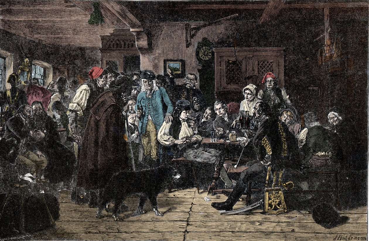 Schlesiens krig: Rekruttering for den schlesiske hæren - Schlesien-krigene (1740-1763): Rekruttering av troppene til Frederic II av Preussen, kjent som den store (1712-1786) - 1882 - Tresnitt av Hiddemann, Friedrich (1829-1892) av Friedrich Hiddemann