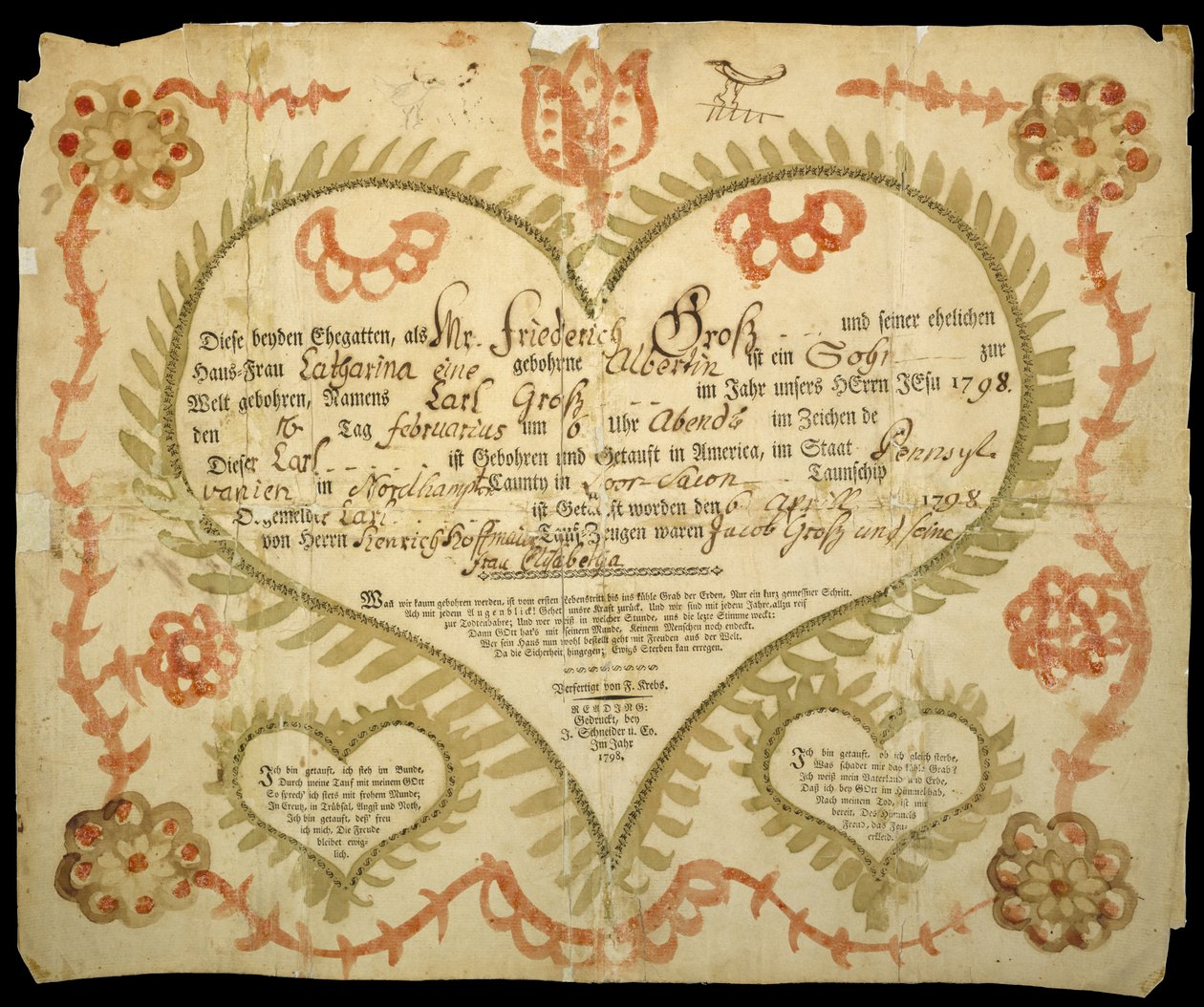 Fødsels- og dåpsattest, ca. 1800 (oxgall blekk, akvarell og gravering på lagt papir) av Friedrich Krebs