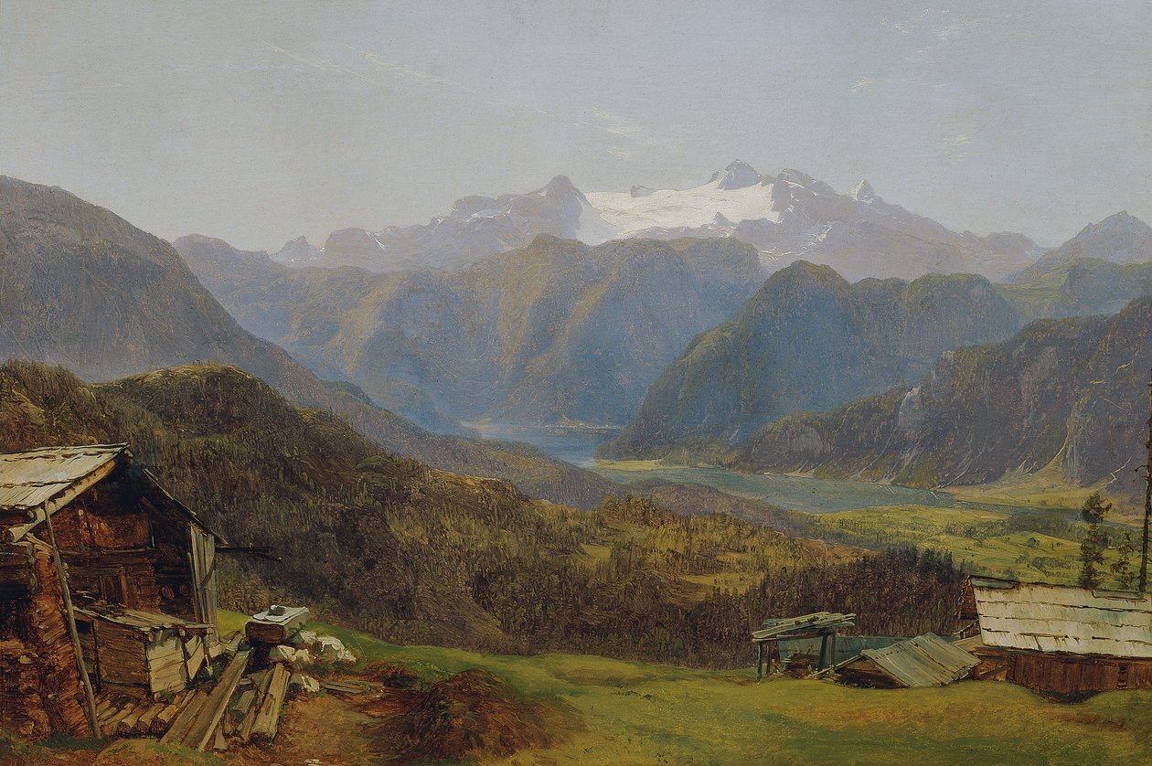 Utsikt over Hallstattsjøen og Dachstein fra Hütteneckalm av Friedrich Loos