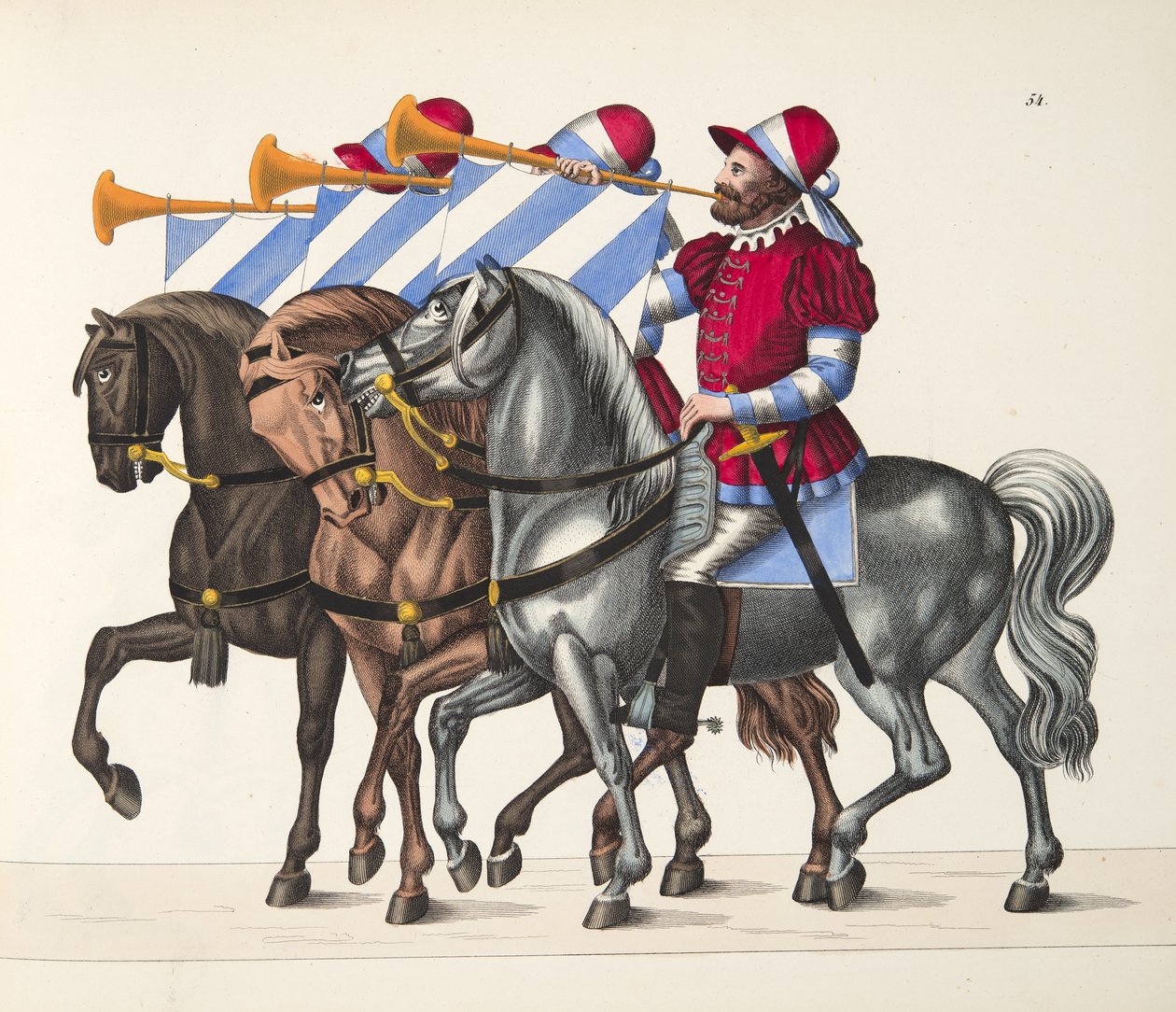 Tre musikere ved en turnering, plate fra A History of the Development and Customs of Chivalry, av Dr. Franz Kottenkamp, utgitt av Carl Hoffmann, 1842 av Friedrich Martin von Reibisch