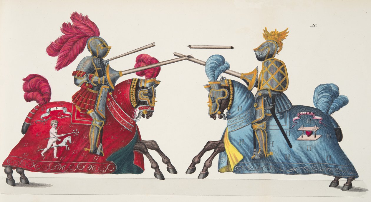 To riddere ved en turnering, plate fra 'A History of the Development and Customs of Chivalry', av Dr. Franz Kottenkamp, utgitt av Carl Hoffmann, 1842 av Friedrich Martin von Reibisch