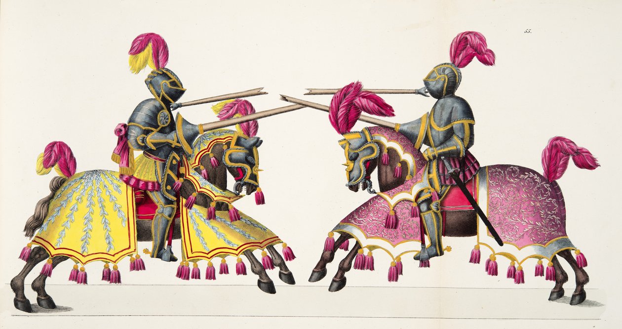 To riddere ved en turnering, plate fra 'A History of the Development and Customs of Chivalry', av Dr. Franz Kottenkamp, utgitt av Carl Hoffmann, 1842 av Friedrich Martin von Reibisch