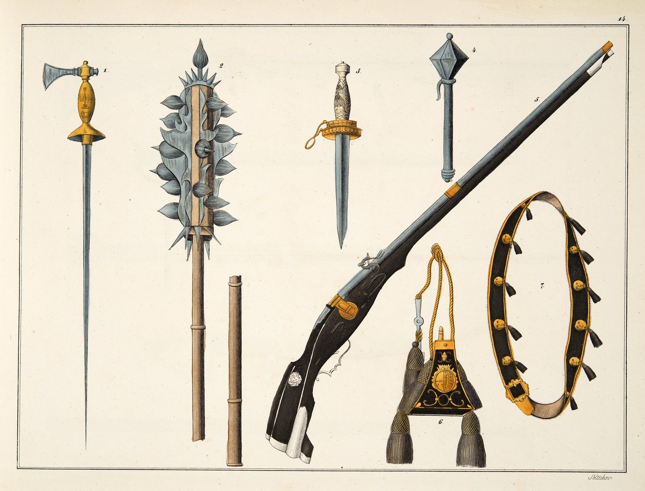 Våpen inkludert en muskett, ca. 1400, plate fra 