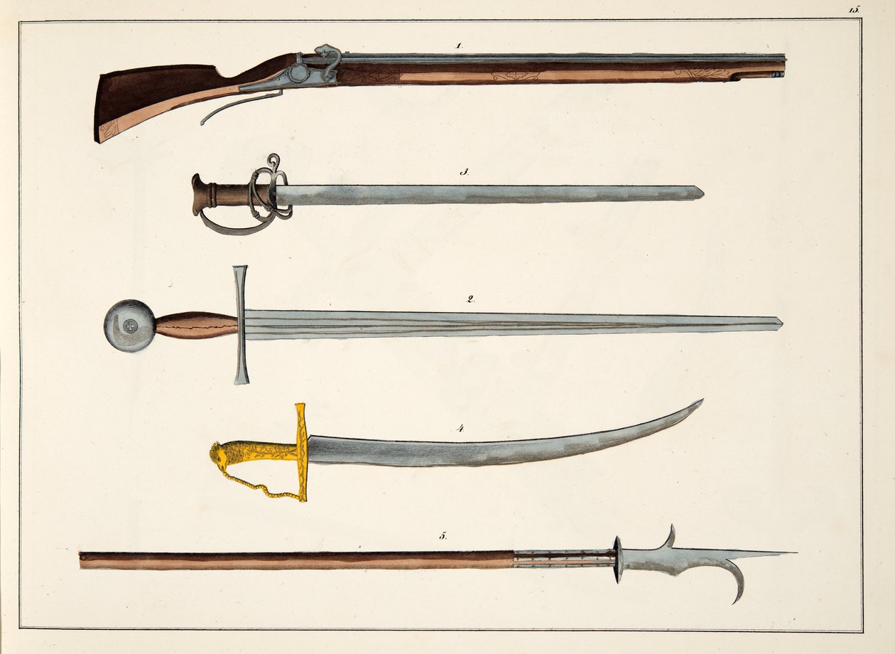 Våpen inkludert sverd og spyd, ca. 1400, plate fra A History of the Development and Customs of Chivalry, av Dr. Franz Kottenkamp, utgitt av Carl Hoffmann, 1842 av Friedrich Martin von Reibisch