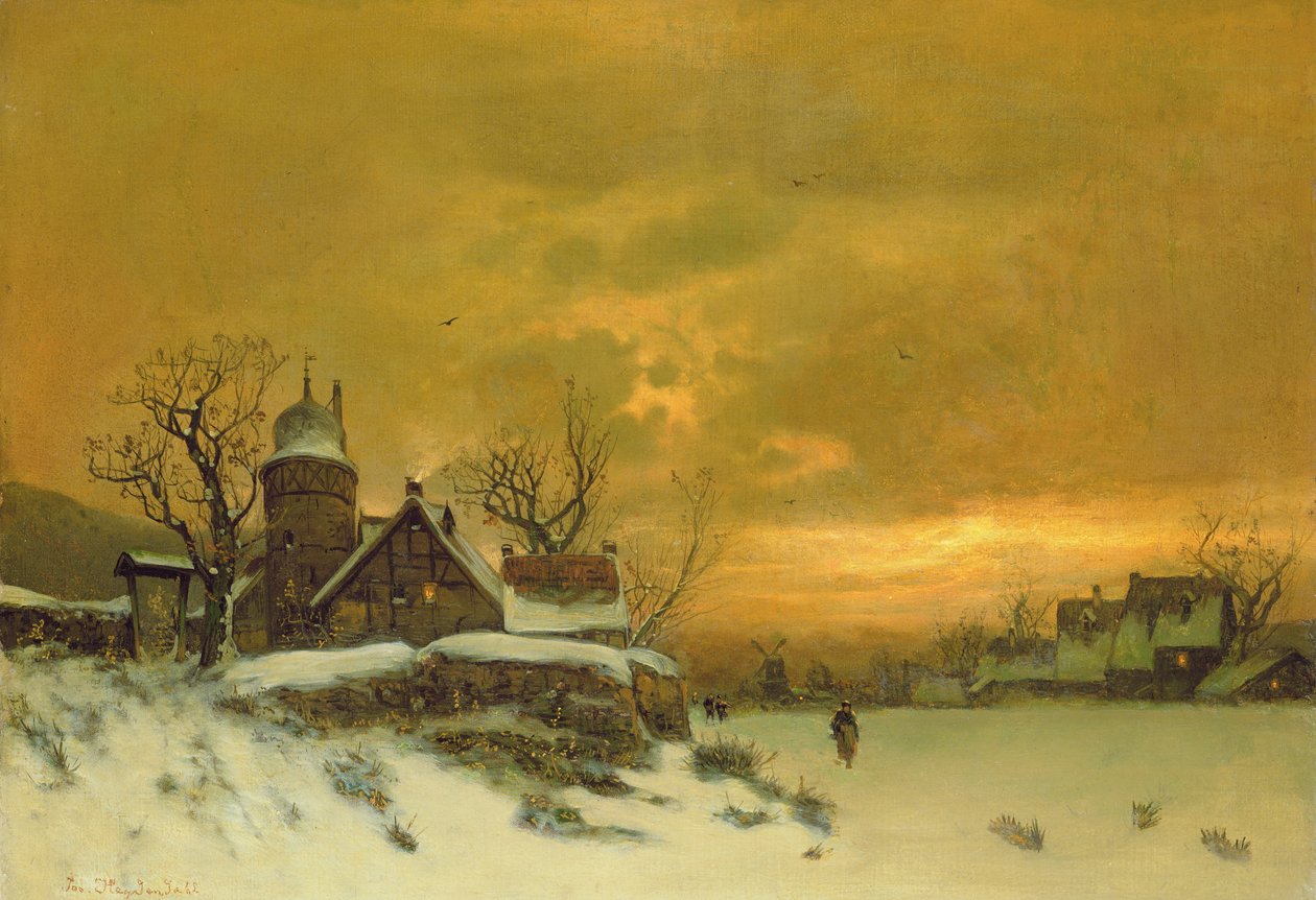 Vinterlandskap med utsikt over bygninger om kvelden av Friedrich Nicolai Joseph Heydendahl