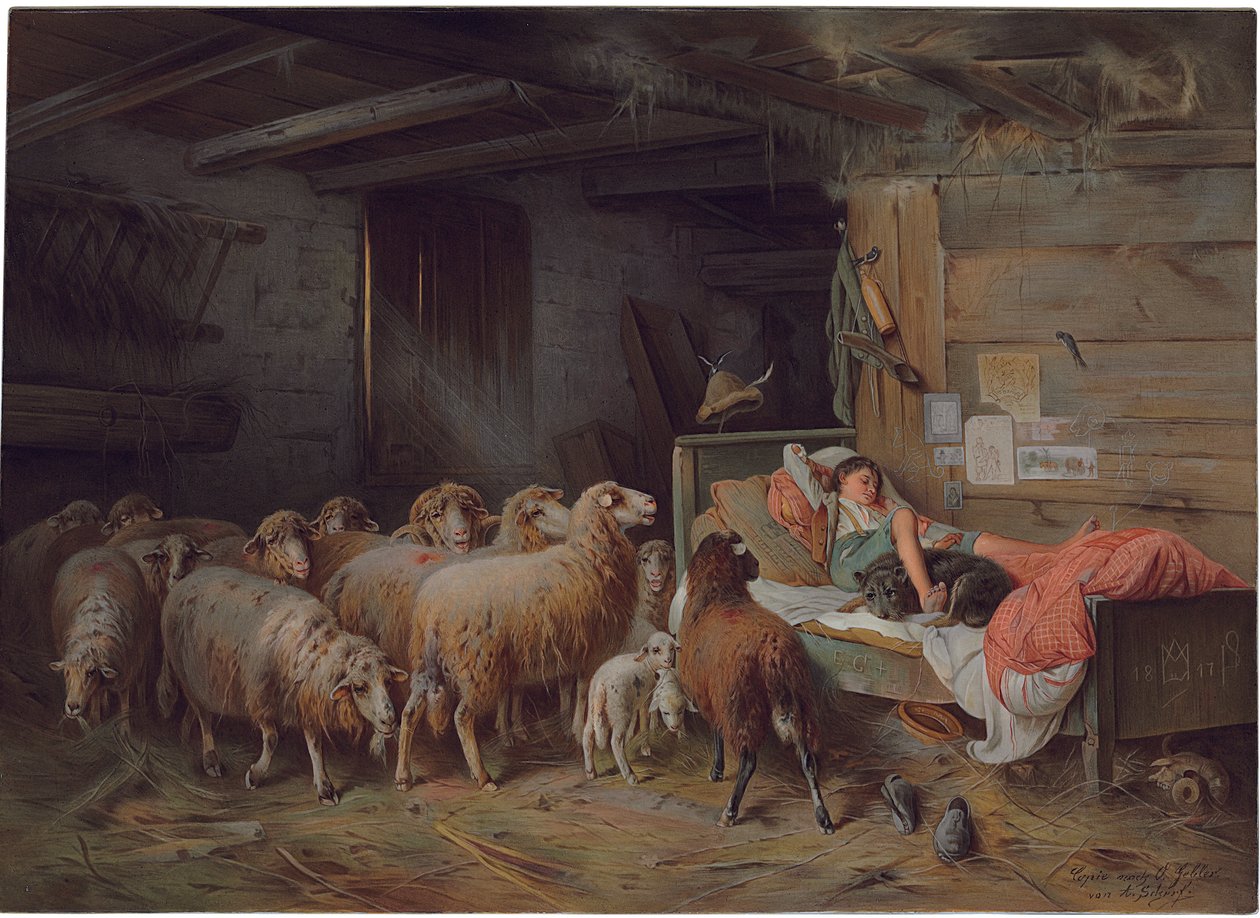 Plakett som viser en hyrde som sover med hunden sin, en uovervåket flokk ved hans side, sent på 1800- og begynnelsen av 1900-tallet av Friedrich Otto Gebler
