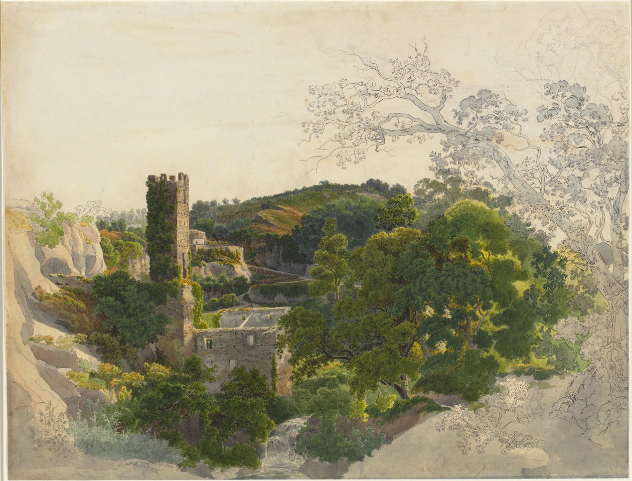 Ruins of a Fortified Tower among Wooded Hills   1227919   no       norwegian Successfully Translated  Original: Stonehenge from the N.W., showing ruins with man and dog, 1824-1839 Translat: Stonehenge from the N.W., showing ruins with man and dog, 1824-183 av Friedrich Salathé