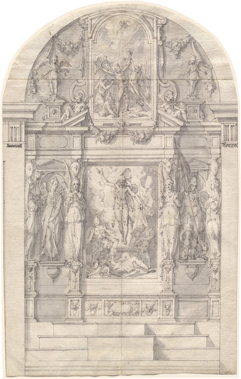 Et forseggjort alter med Kristi oppstandelse og Saint Andrews martyrium av Friedrich Sustris