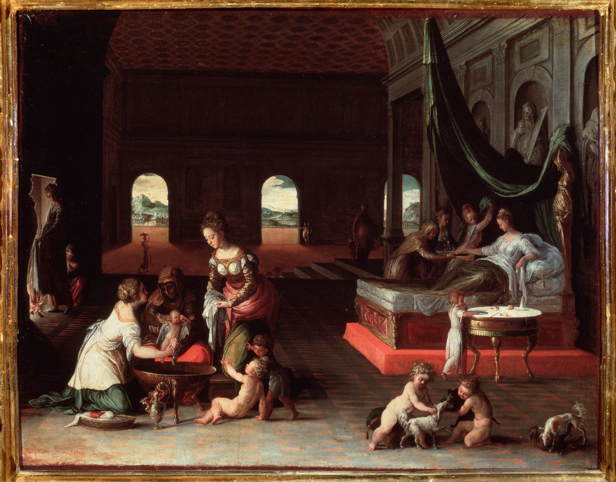 Fødsel av et barn - ca 1565, olje på lerret av Friedrich Sustris