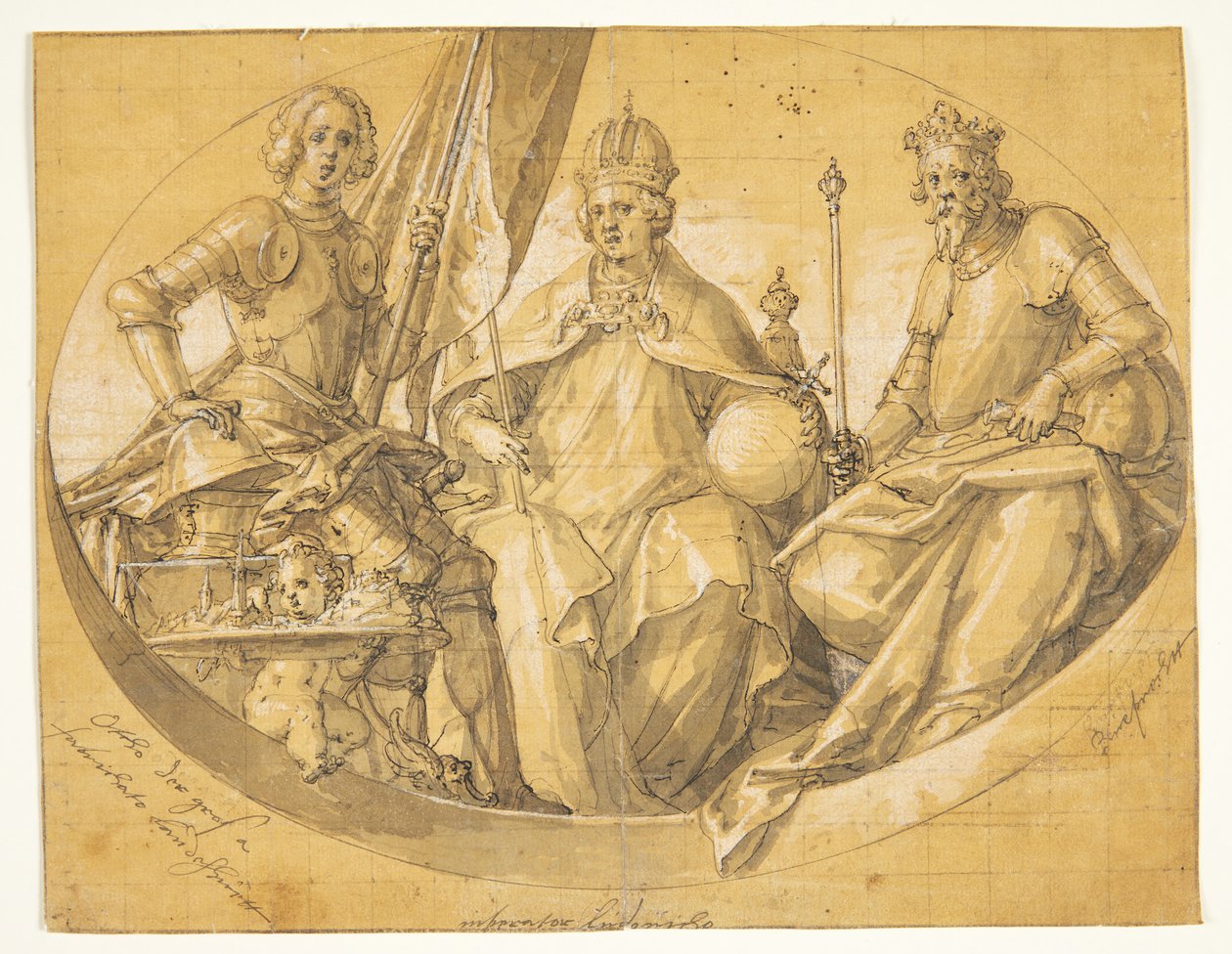 Utkast til et ovalt takmaleri(?) som viser kongene Otto den store (912-973), Ludvig den store (1417-1479) og Ruprecht (1352-1410) av Friedrich Sustris