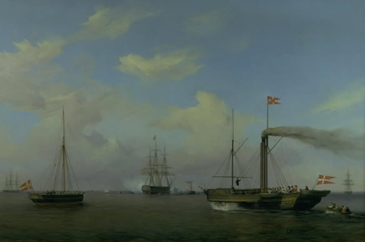 Den danske skvadronen for anker ved Warnemünde rhed. Deres Kongelige Høyheter Kronprinsen og Kronprinsessen ankommer dampskipet «Kiel» til skvadronen, og krigsskipet «Christian den åttende» begynner å hilse av Friedrich Theodore Kloss