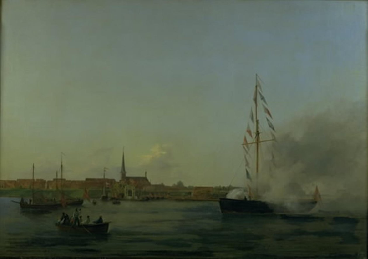 Havna på Nyborg. I forgrunnen kutteren "Neptun" av Friedrich Theodore Kloss