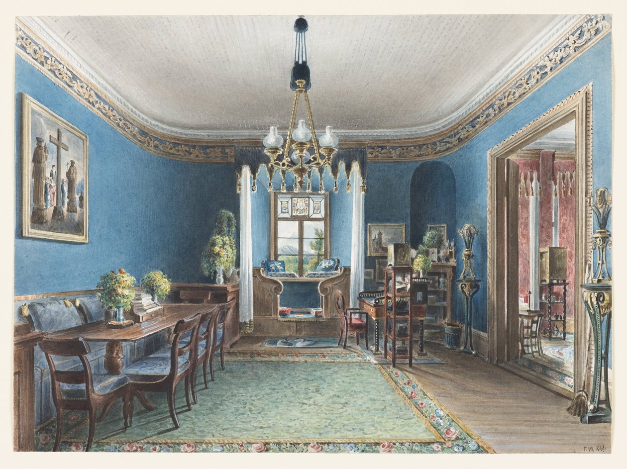 Det blå rommet, Schloss Fischbach, 1846 av Friedrich Wilhelm Klose