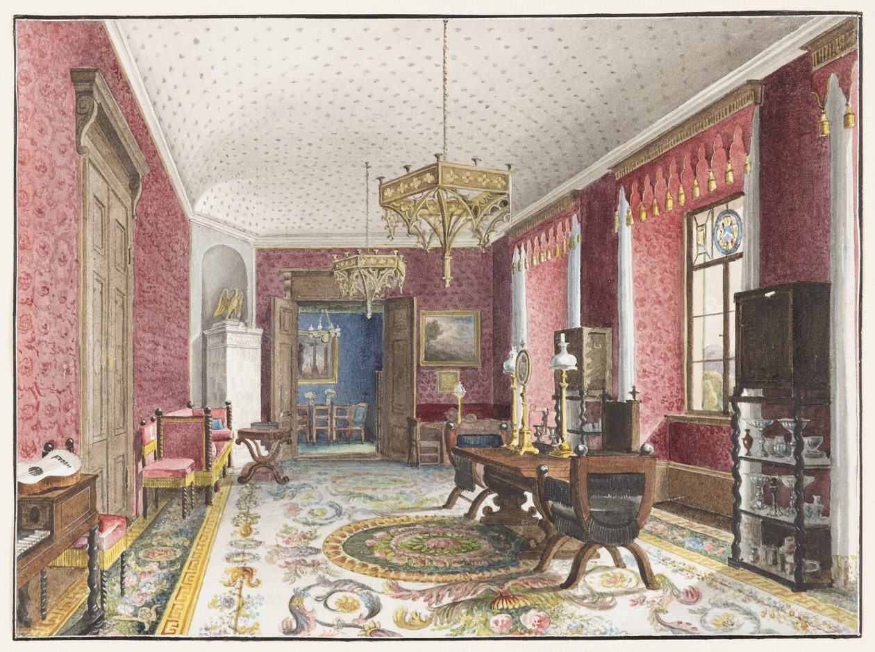 Det røde rommet, Schloss Fischbach, ca. 1846 av Friedrich Wilhelm Klose
