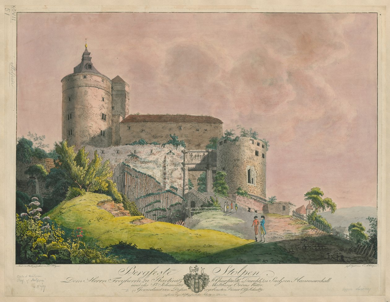 Bergfeste Stolpen, ca. 1800 (farget gravering) av Friedrich or Johann Friedrich Wizani