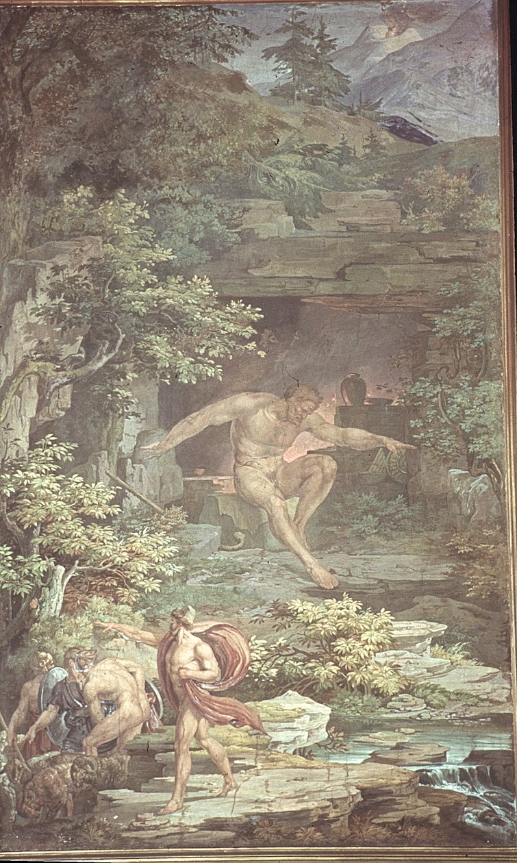 Flukt fra hulen til den blindede polyfemus, scener fra Odysseen av Friedrich the Elder Preller