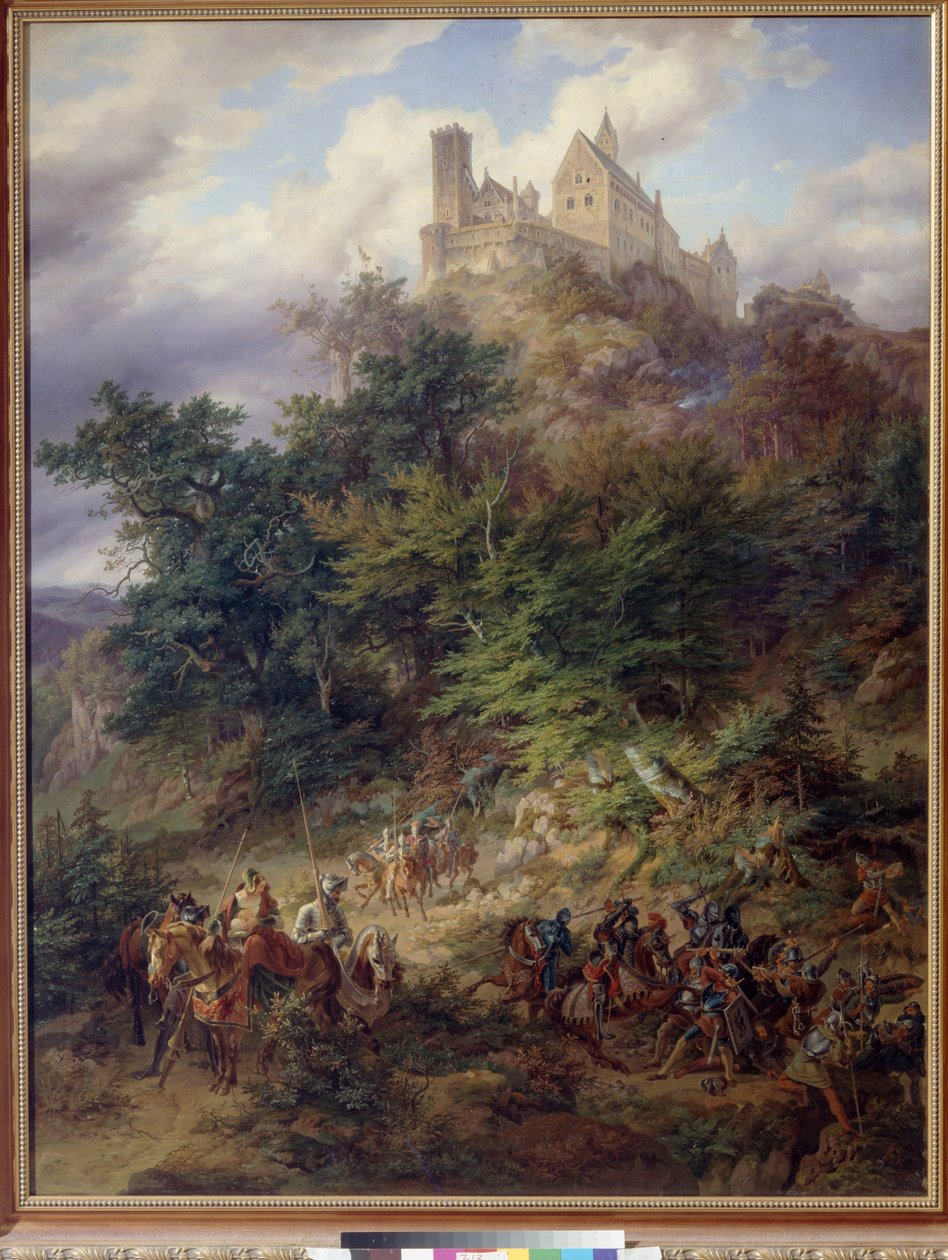 Landskap med riddere (The Wartburg) av Preller, Friedrich, den eldste (1804-1878). Olje på lerret av Friedrich the Elder Preller