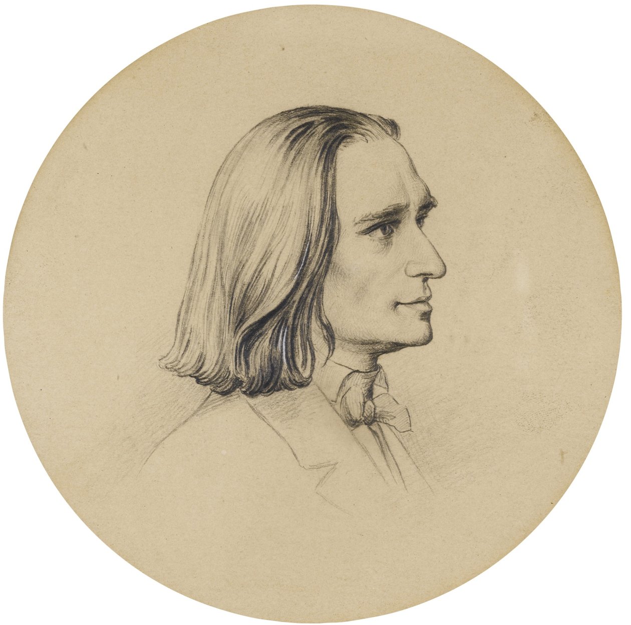 Portrett av komponisten Franz Liszt (Portrett av komponisten Franz Liszt (1811-1886)) tegning av Friedrich Preller den eldre (1804-1878) Diam 14,5 cm Privat samling av Friedrich the Elder Preller