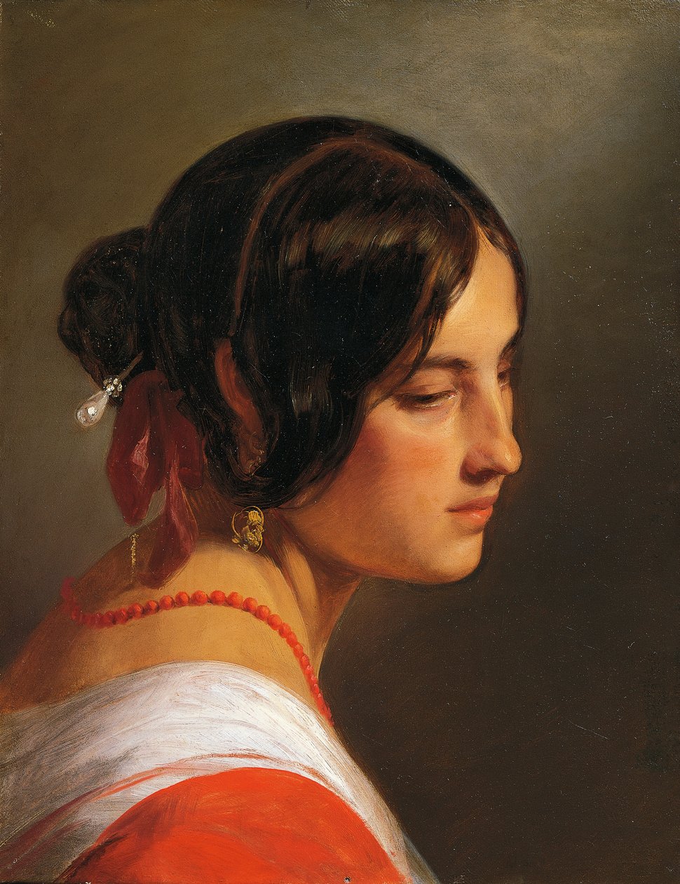 Kvinnehode av Friedrich von Amerling (1803-1887), olje på lerret, 47x37 cm av Friedrich von Amerling