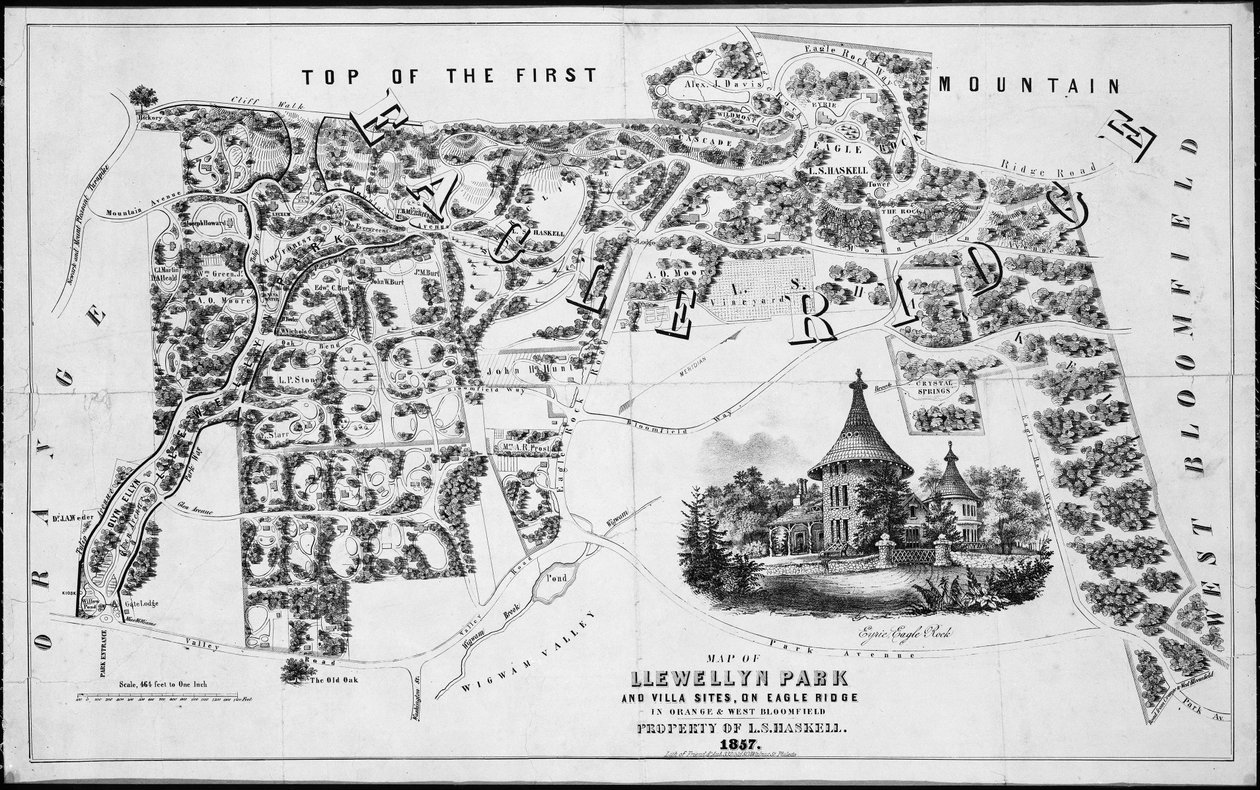 Kart over Llewellyn Park and Villa Sites, på Eagle Ridge i Orange & West Bloomfield, 1857., 1857. av Friend and Aub