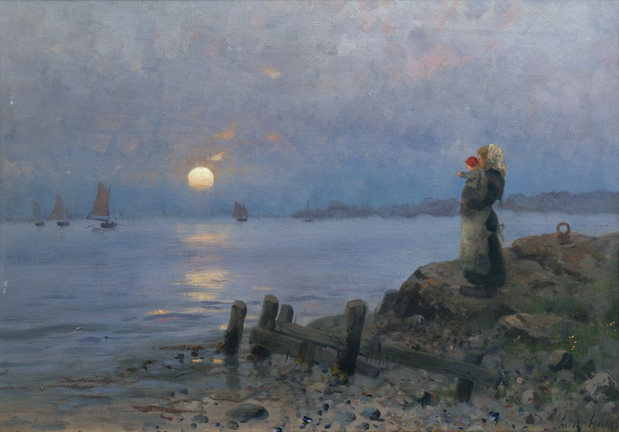 Kvinne og barn på stranden av Frithjof Smith-Hald