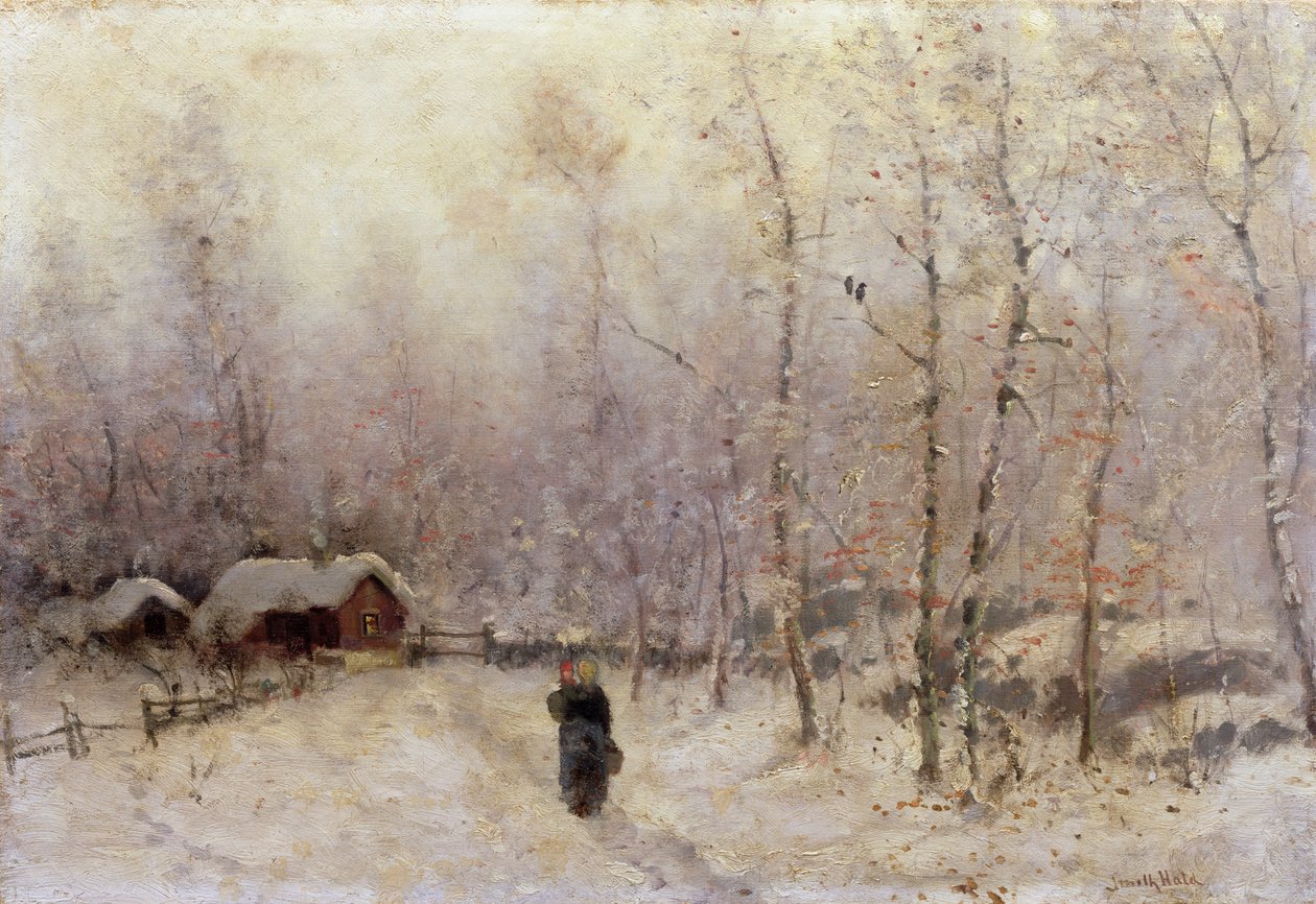 Kvinne med barn i vinterlandskap (olje på lerret) av Frithjof Smith Hald