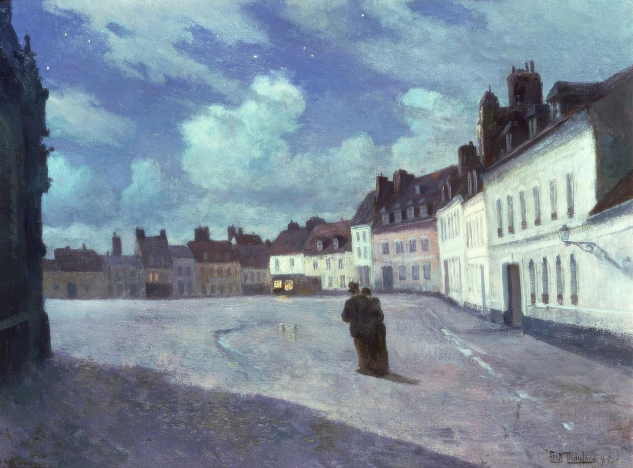 Plasser i en by om natten av Fritz Thaulow