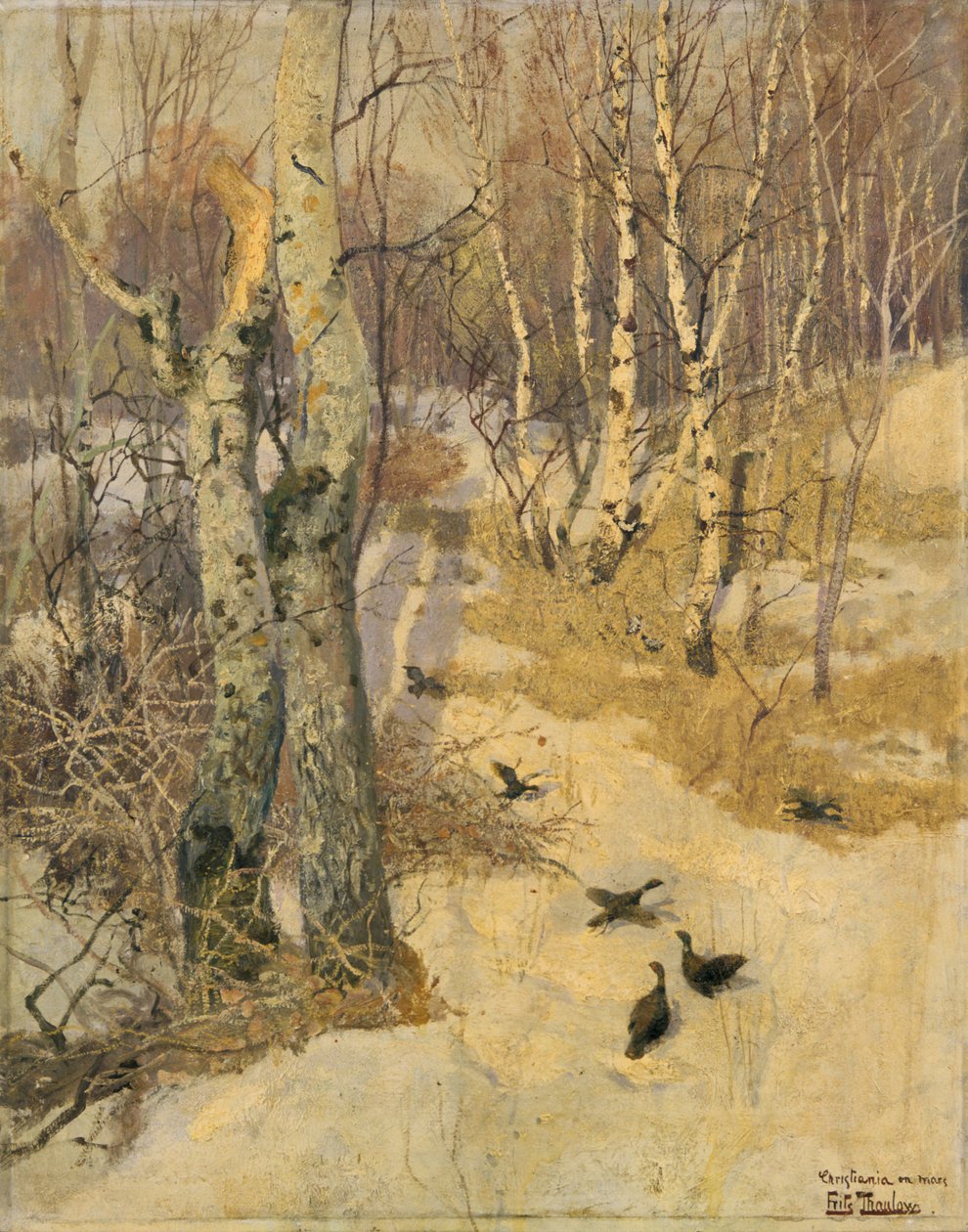Skog dekket med snø, 1800-tallet. av Fritz Thaulow