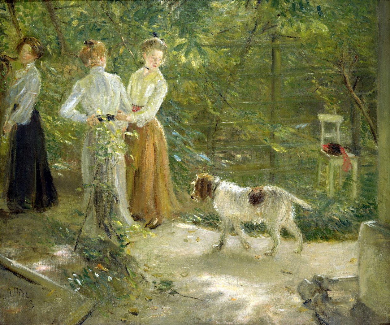 Utsikt over kunstnerens hage med døtrene hans, 1903 av Fritz von Uhde