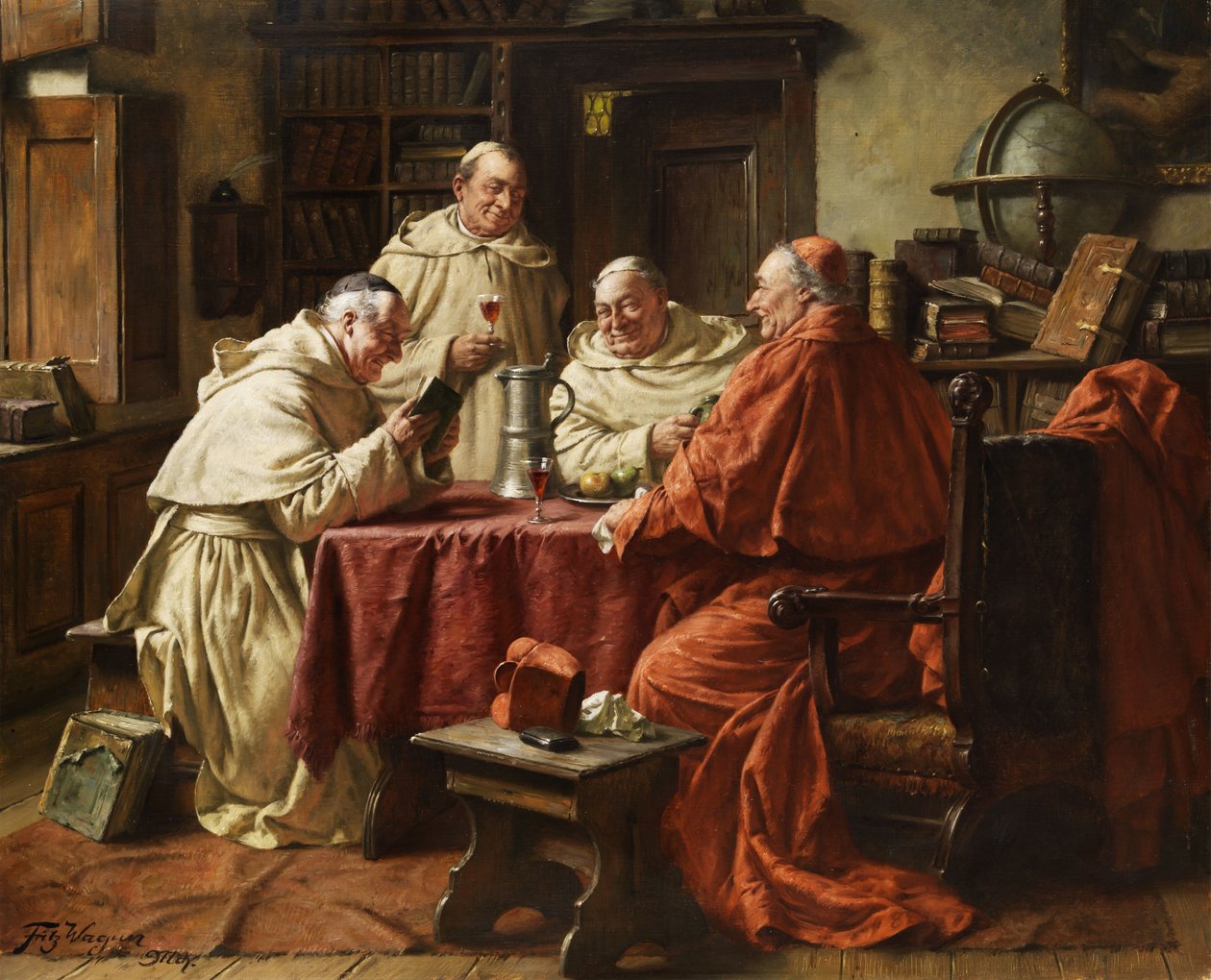 Kardinal med munker i et klosterbibliotek. av Fritz Wagner