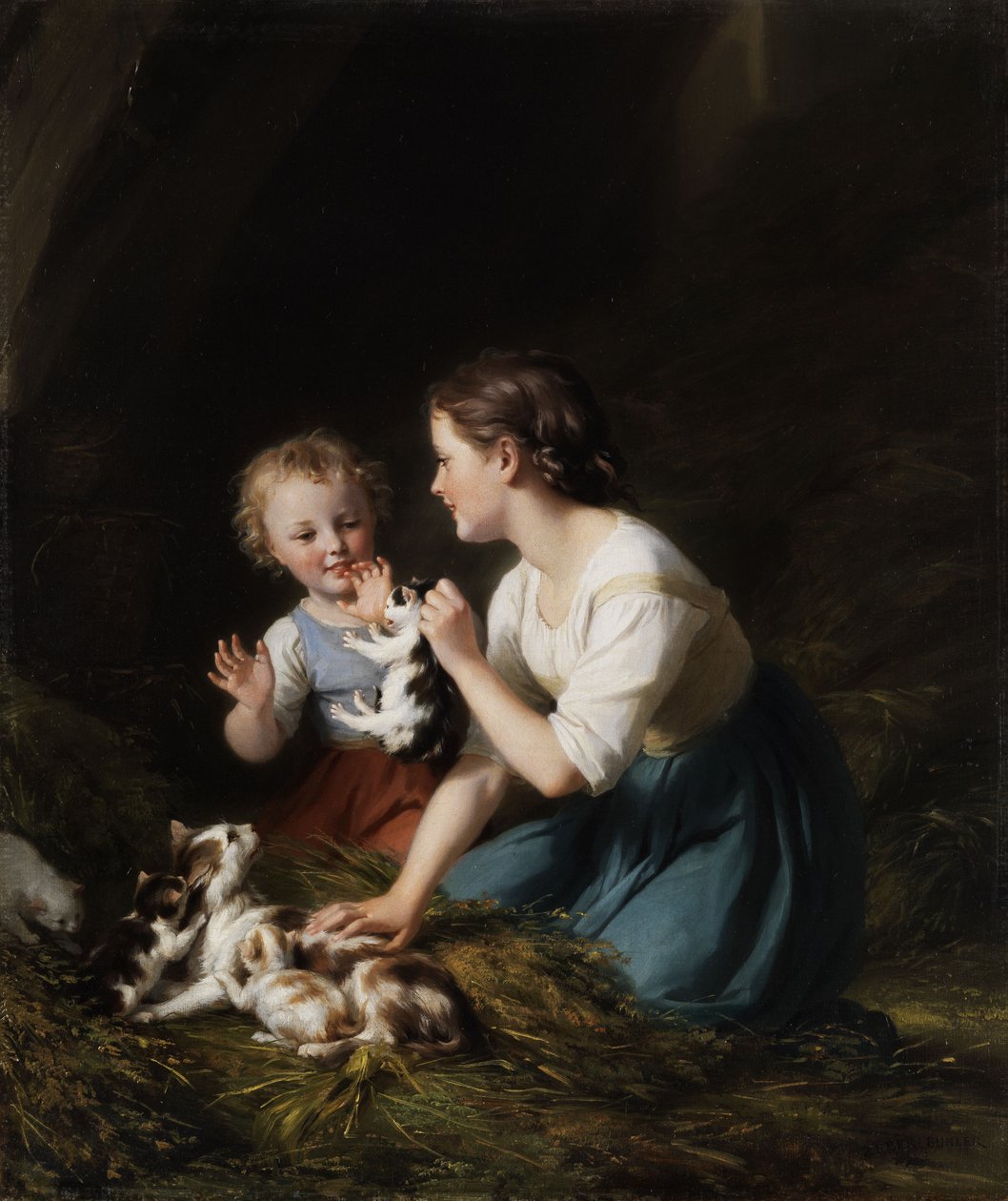 Barn med kattunger av Fritz Zuber Buhler
