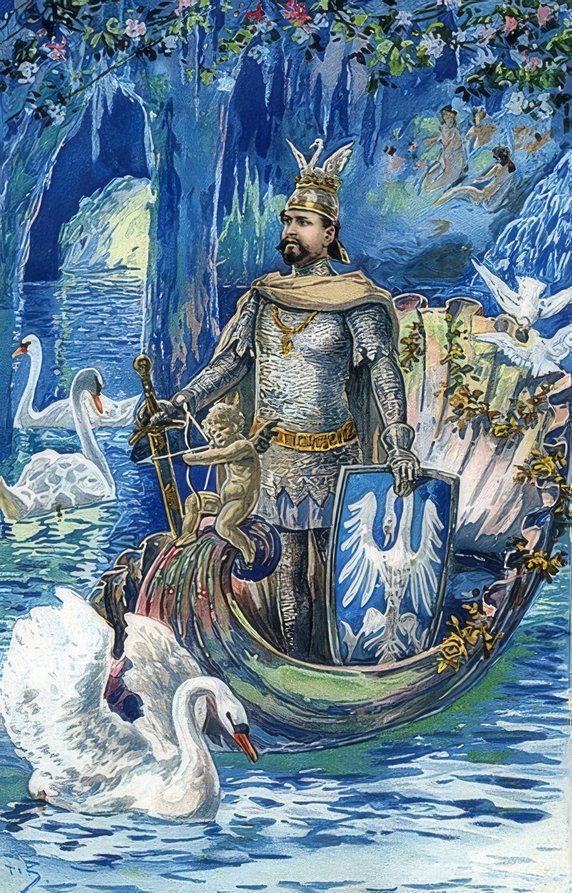 Kong Ludwig II som Lohengrin i den blå grotten til Linderhof-palasset. Rundt 1900 av Fritz Bergen