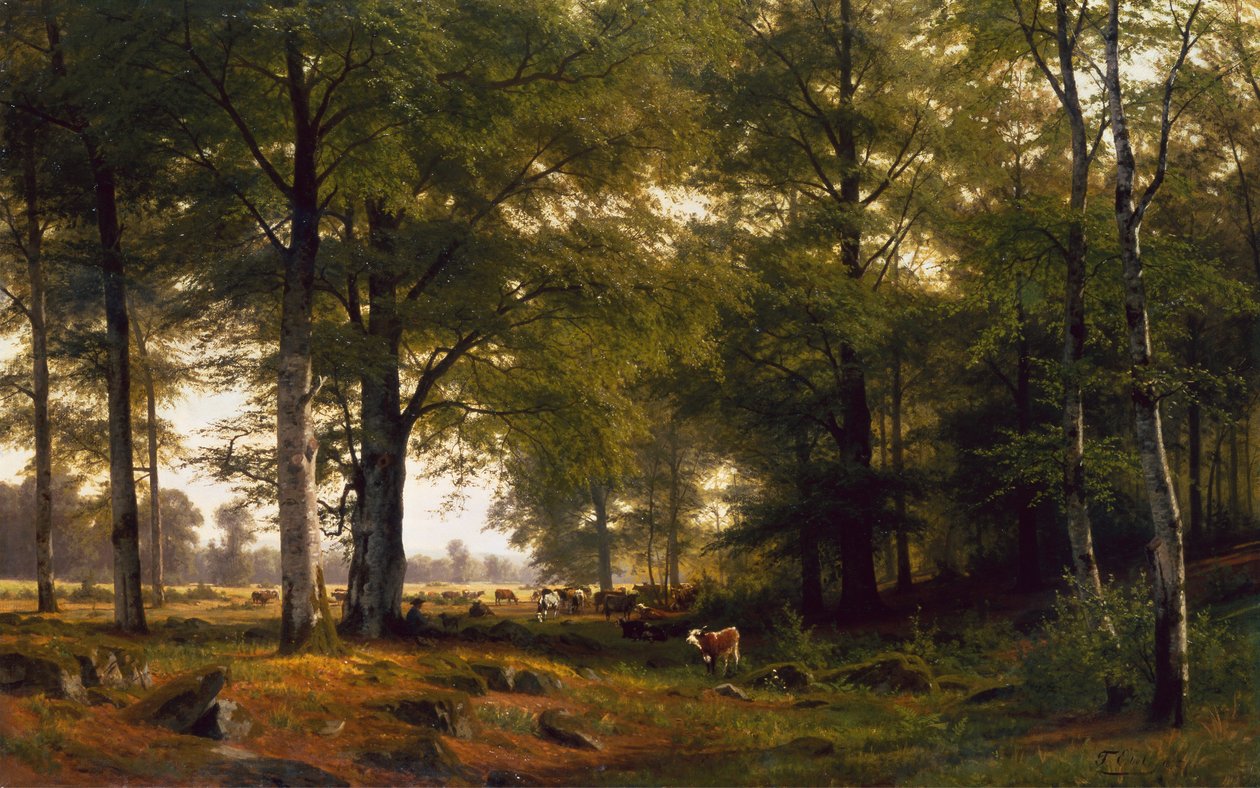Et skogslandskap med en kuhyrde av Fritz Carl Werner Ebel